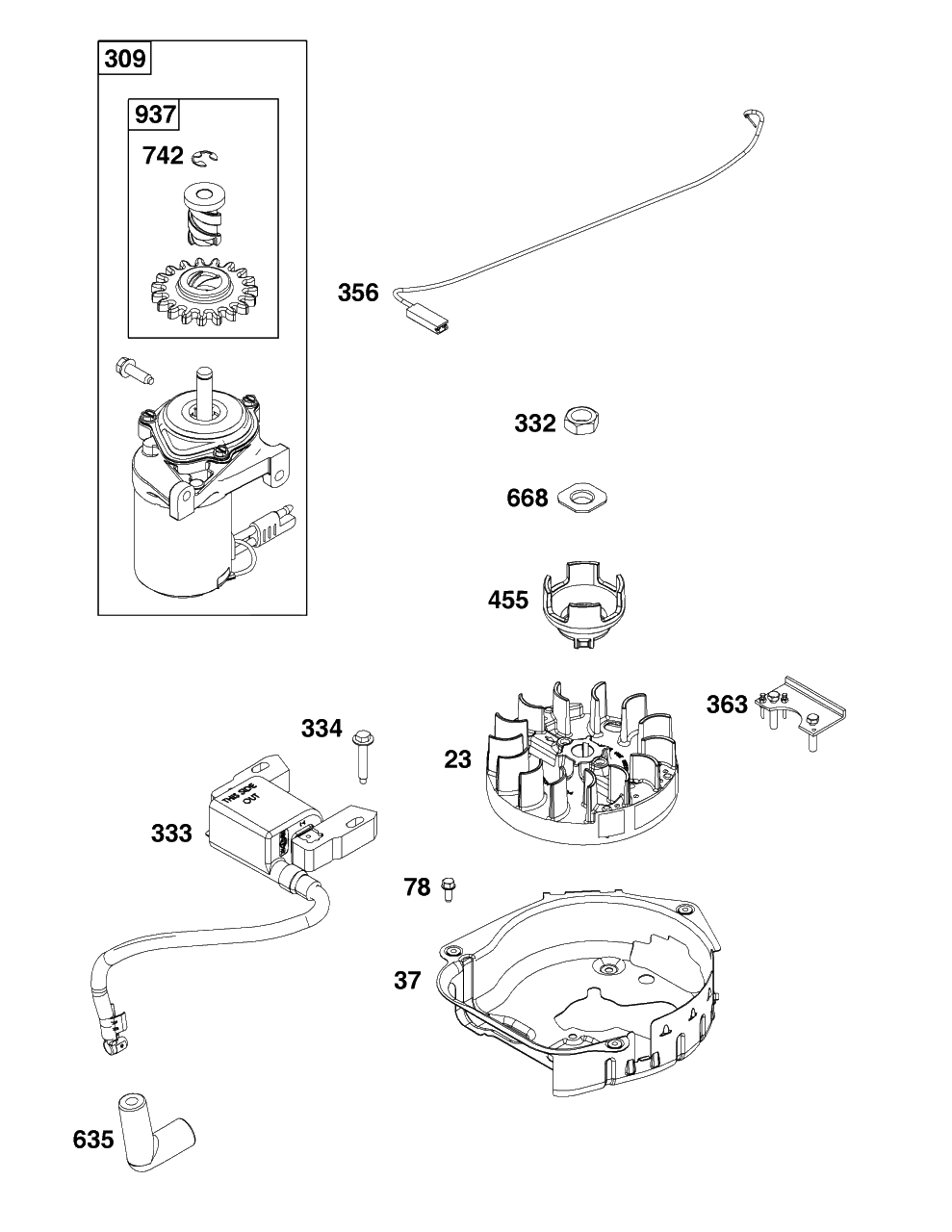 Flywheel, Ignition, And Starter Group Diagram and Parts List for 92J0B-0006-H1  Briggs and Stratton Engine